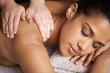 Woman, sleeping or hands for back massage in spa to relax for zen resting or wellness physical therapy. Face of girl in hotel salon for body healing treatment or natural holistic detox by masseuse