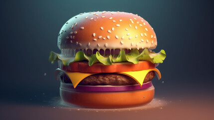 Closeup view of Hamburger with cheese and vegetables on dark background, Generative Ai