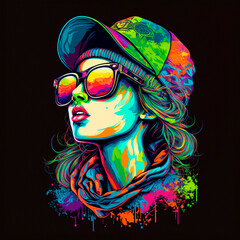 Naklejka premium Color portrait of a girl in glasses and a cap, psychedelic, paint splatter