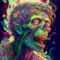 Psychedelic colored zombie head with hair. Created with AI technology.