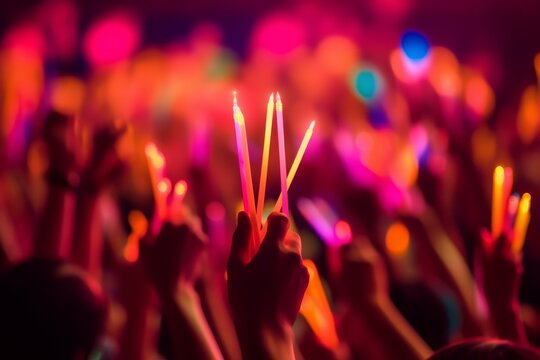 A close-up shot of hands holding glow sticks in the air at a rave party with a blurry crowd of people dancing in the background. Generative Ai