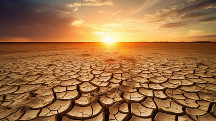 Cracked mud sand in a desert flood plain against a golden sunset background mud cracks. A.I. generated.