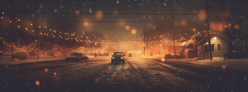 lonely car driving home for christmas. lights in the background, in the style of moody tonalism, creative commons attribution, casey childs, redscale film, sparklecore, created with generative ai