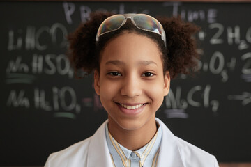 Closeup portrait of smiling black girl wearing lab coat and protective goggles in science class at school and looking at camera