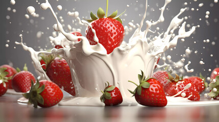 Fresh strawberry yogurt, splash, front view.
