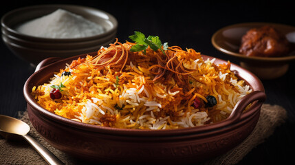 Biryani in Bowl, Desi Indian Food Biryani Rice in bowl, Generative Ai