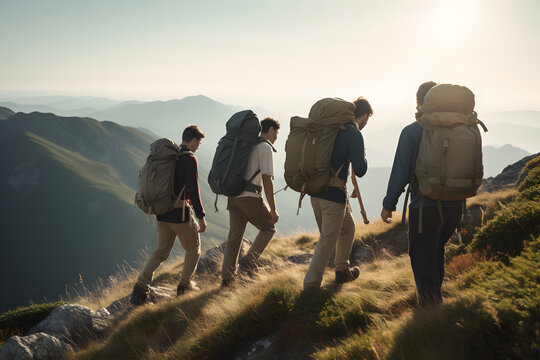 A group of friends hiking in a mountain