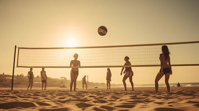 A group of friends playing beach volleyball