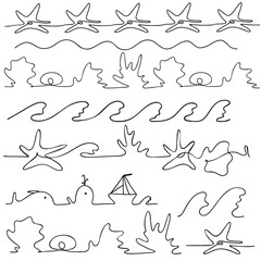 Sea drawn set of elements in doodle style  waves, sailboats,  whale, starfish. 