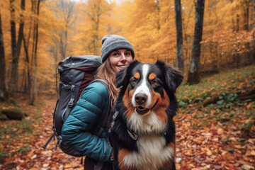 Naklejka na ściany i meble Young woman with her dog bernese shepherd in a autumn forest