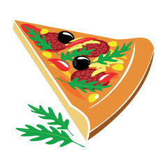 Kawałek włoskiej pizzy. Pizza z pepperoni i dodatkami. Pyszna pizza - rysunek wektorowy, ilustracja do pizzerii. Włoskie danie na smacznym cieście. Smaczne jedzenie - obrazy, fototapety, plakaty