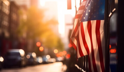 American flag hanging on the fence outdoors. City street with cars at backdrop in blur. Generative AI.