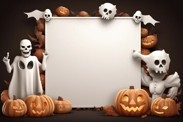 White blank vertical sheet around it halloween elements - pumpkins, bats, ghosts, skeletons. ai generative