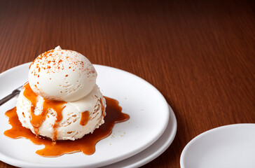 Ice cream scoops on plate, copy space. Generative AI.