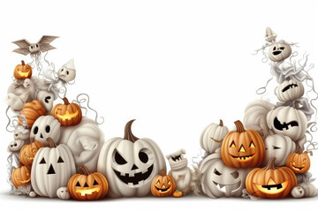 Obraz premium White blank vertical sheet around it halloween elements - pumpkins, bats, ghosts, skeletons. ai generative