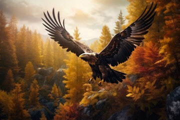 Obraz premium Majestic eagle flying in the mountainous area in autumn. Yellow and orange trees at backdrop. Generative AI.