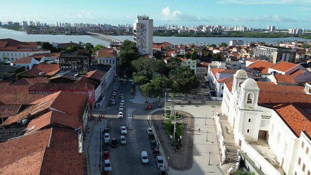 Aerial view of Joao Lisboa Square and Nossa Senhora do Carmo Church Convent in Historical Center of Sao Luis Maranhao Brazil.