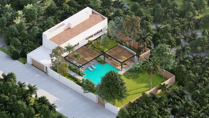Fototapeta na wymiar Roof plan, detached house located in the forest, with pool, and a large front garden