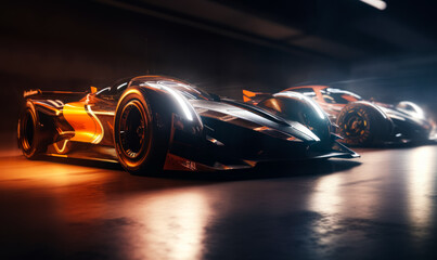 Beautiful shiny racing cars with flares of light. Sport automobiles indoors. Generative AI.