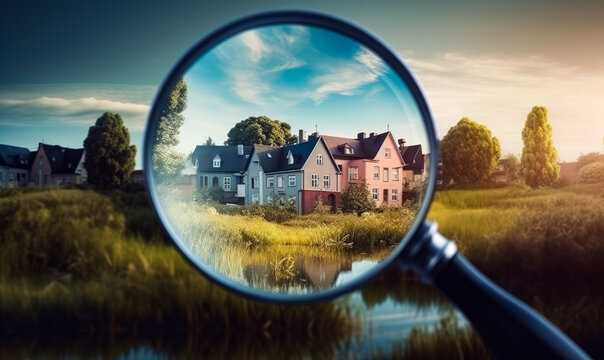 Beautiful cottage houses in the magnifying glass. Lovely nature around. Valuation of property, real estate concept. Generative AI.