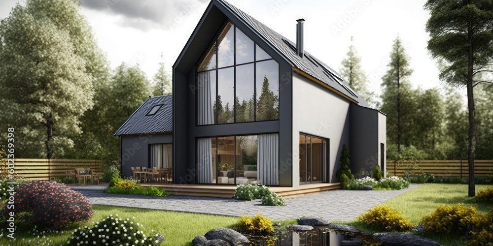 Wall mural Country home with garden and grass lawn, luxury scandinavian exterior. distinct generative AI image.