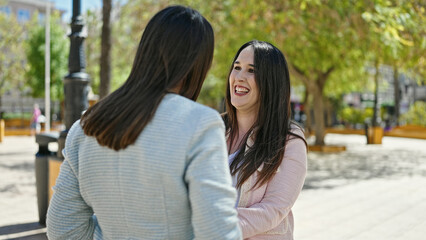 Fototapeta premium Two women smiling confident standing together at park