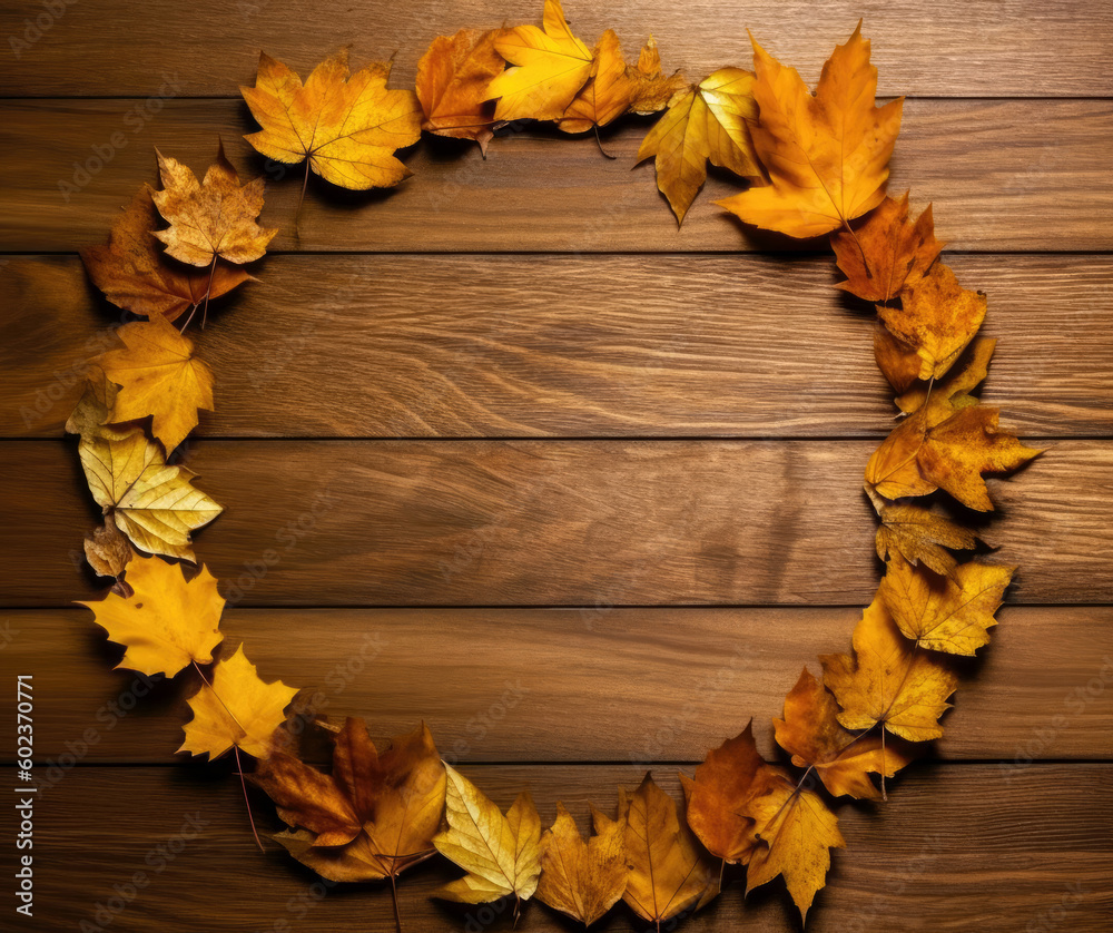 Poster autumn leaves circle on wooden background with copy space for your text.