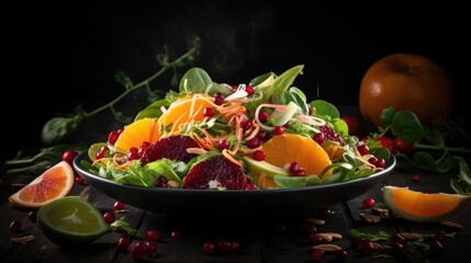 Fototapeta na wymiar Fresh fruit salad with oranges, pomegranate and greens on black background - made with generative AI