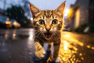 Stray cat walking on a street, rainy day