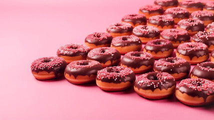 Fototapeta na wymiar Sweet bright Donuts in various glazes and colored sprinkles lie pink background. Sweet desserts, holiday National Donut Day Generative AI