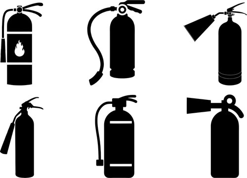 Set and collection of Fire extinguisher icons. Fire safety and precautionary measure icons on white background.