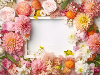 Obraz na płótnie Canvas Top view of Colorful flowers with empty frame