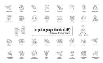 Large language model vector line icons. Various concepts like AI language model icon, Natural language processing icon, Machine learning icon, Deep learning icon, and Artificial intelligence icon.