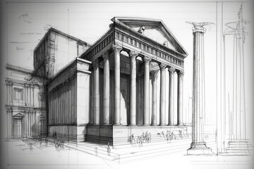 Pencil sketch drawing of Roman building architecture and city landmark. distinct generative AI image. - obrazy, fototapety, plakaty