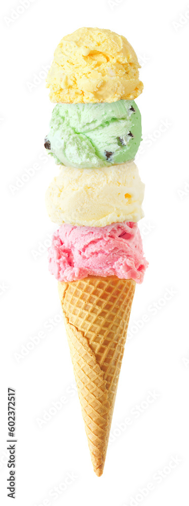 Poster ice cream cone with four scoops isolated on a white background. strawberry, vanilla, mint and lemon 