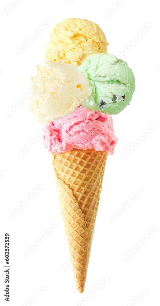 Poster ice cream cone with four scoops isolated on a white background. strawberry, vanilla, mint and lemon 