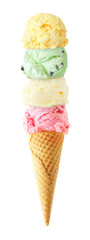 Ice cream cone with four scoops isolated on a white background. Strawberry, vanilla, mint and lemon...