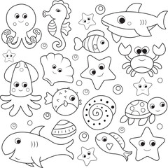 Lovely vector illustration with sea life.Black outline drawing perfect for coloring page or book for children or adults.