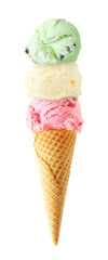 Triple scoop ice cream cone isolated on a white background. Strawberry, vanilla and mint flavors in a waffle cone.