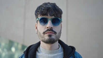 Fototapeta premium Young hispanic man standing with serious expression wearing sunglasses at street