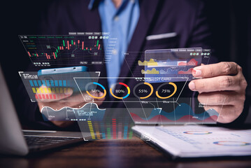 business man using digital tablet making,analyist investment data digital marketing KPI sale...