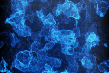 Blurry smoke-like nebula gas clouds illuminated by blue neon lights. 3D illustration as a design element for web design backgrounds and slide show wallpapers
