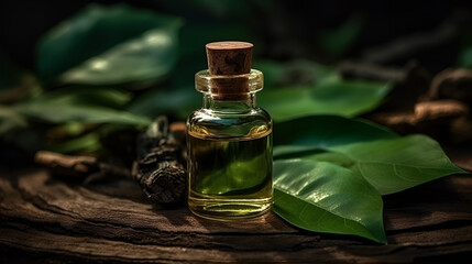 Obraz na płótnie Canvas Perfume glass oil bottle with leaves on wood generative ai