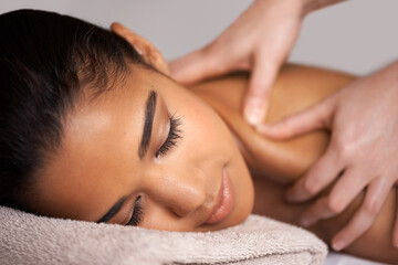 Girl, sleep or hands for massage in spa to relax for zen resting, wellness or luxury physical therapy. Spine or face of woman in salon for body healing, sleeping or natural holistic detox by masseuse