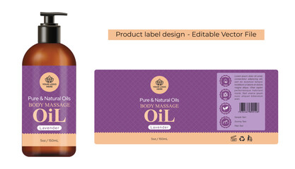Massage oil label design, Hair oil body oil, spa product packaging design, aromatherapy essential oil bottle label design of the cosmetic product with realistic mockup illustration. - obrazy, fototapety, plakaty