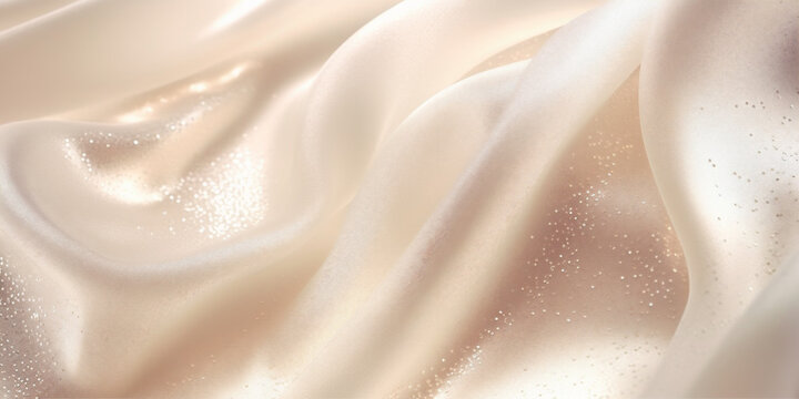 Beige silk glitter luxury fabric background, macro close up, copy space. Wave, textured. AI Generated