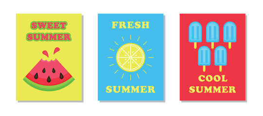 Postcard, banner, poster. Summer with fruit: watermelon, lemon and ice cream. Vector illustration in flat design EPS10.