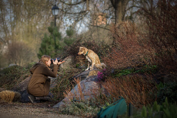 Beautiful blonde girl photographs dog in the park