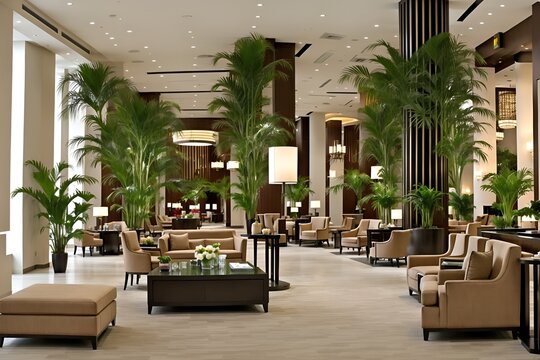 Photo of a modern and elegant hotel lobby with comfortable seating and lush greenery