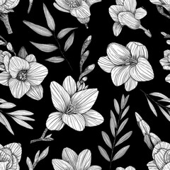  Floral seamless pattern. Background with freesias. Hand-drawn. Graphics. Engraving